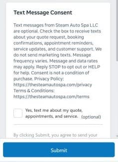 Screenshot of the Steam Auto Spa Facebook/Instagram instant form Text Message Consent screen with one optional, unchecked SMS checkbox