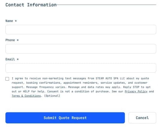 Screenshot of the Steam Auto Spa website quote form showing the optional, unchecked SMS consent checkbox below the name, phone and email fields